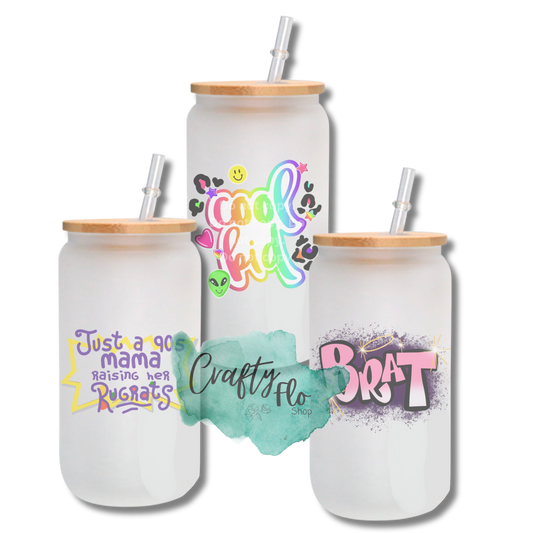 Millennial Nostalgia cute fan art|gift for 90s and early 2000s baby| 16oz clear or frosted glass can with bamboo lid and straw