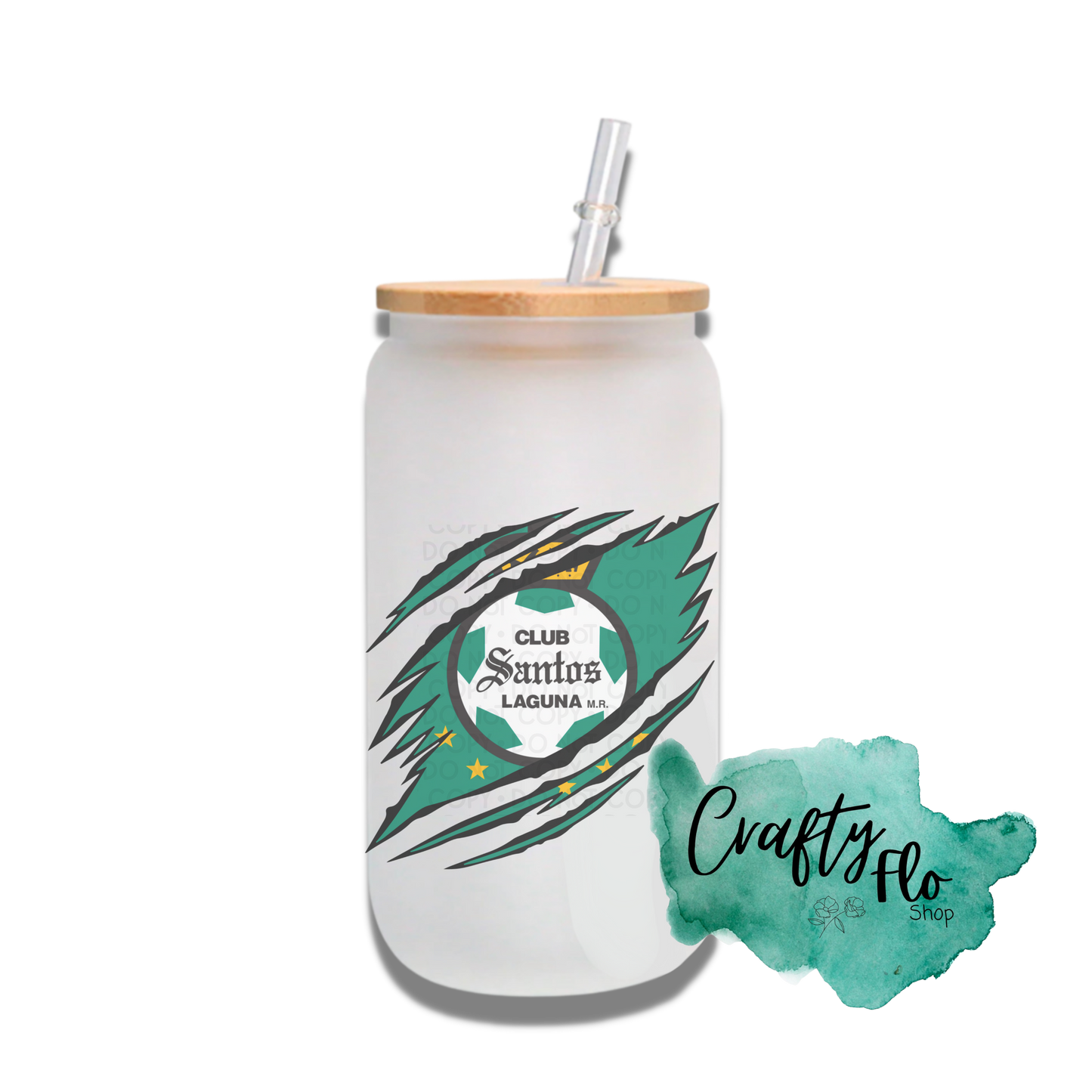 Personalizable Santos Inspired Inspired Theme 16oz glass can with straw/ Add name at checkout