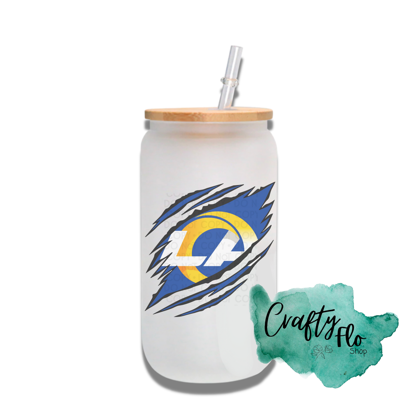 Personalizable Rams Inspired Theme 16oz glass can with straw/ Add name at checkout