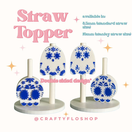 Talavera sugar skull and ghost inspired Straw Topper| dia de los muertos Inspired 3D Printed Straw Toppers Drinkware Accessories Stylish