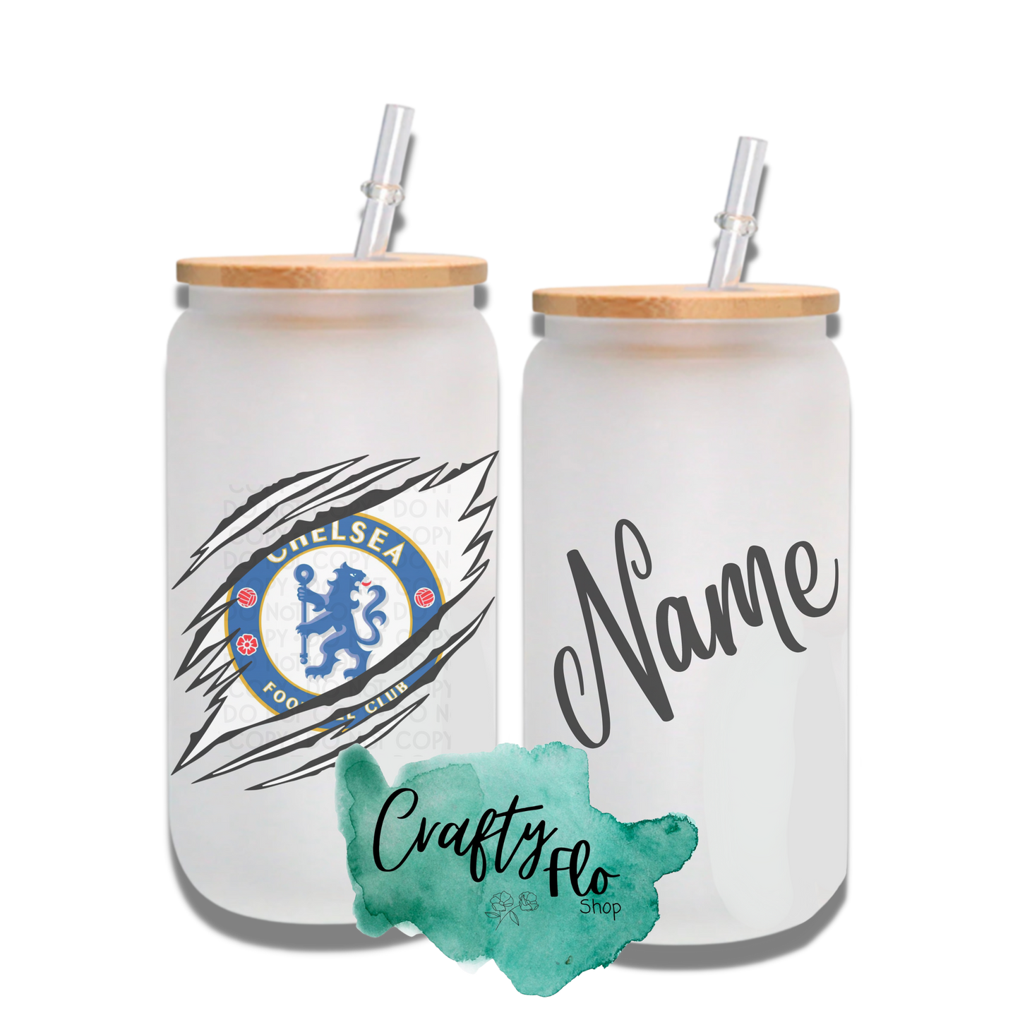 Personalizable Chelsea Inspired Inspired Theme 16oz glass can with straw/ Add name at checkout