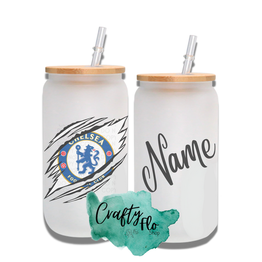Personalizable Chelsea Inspired Inspired Theme 16oz glass can with straw/ Add name at checkout