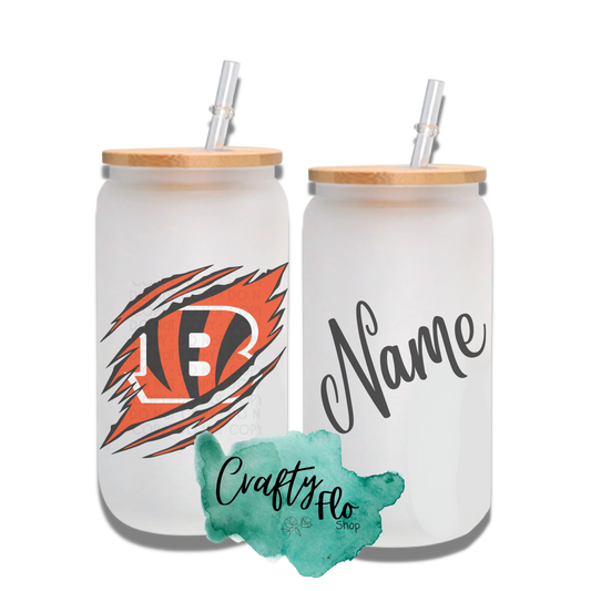 Personalizable Cincinnati Bengals Inspired Theme 16oz glass can with straw/ Add name at checkout