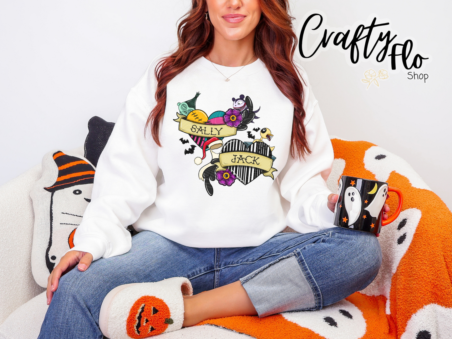 Jack & Sally hearts Graphic Sweatshirt - Halloween apparel | Unisex Fabric, Comfortable Fit, Spooky Season - Pullover