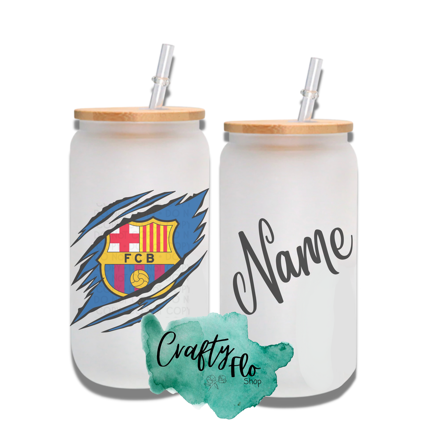 Personalizable Barca Inspired Inspired Theme 16oz glass can with straw/ Add name at checkout
