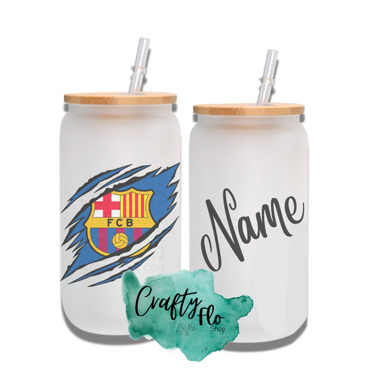 Personalizable Barca Inspired Inspired Theme 16oz glass can with straw/ Add name at checkout