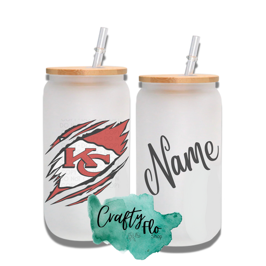 Personalizable Kansas City Chiefs Inspired Theme 16oz glass can with straw/ Add name at checkout