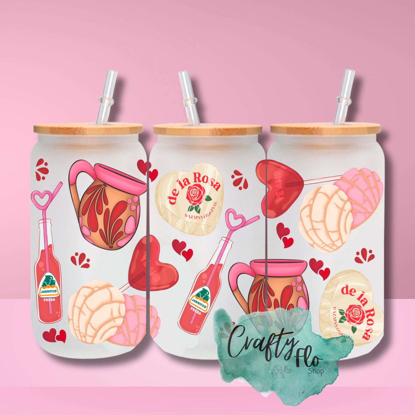 Valentines Cartoon 16oz glass can with bamboo lid and straw| friendship love cup| valentines day gift idea
