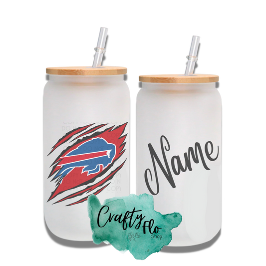 Personalizable Buffalo Bills Inspired Theme 16oz glass can with straw/ Add name at checkout
