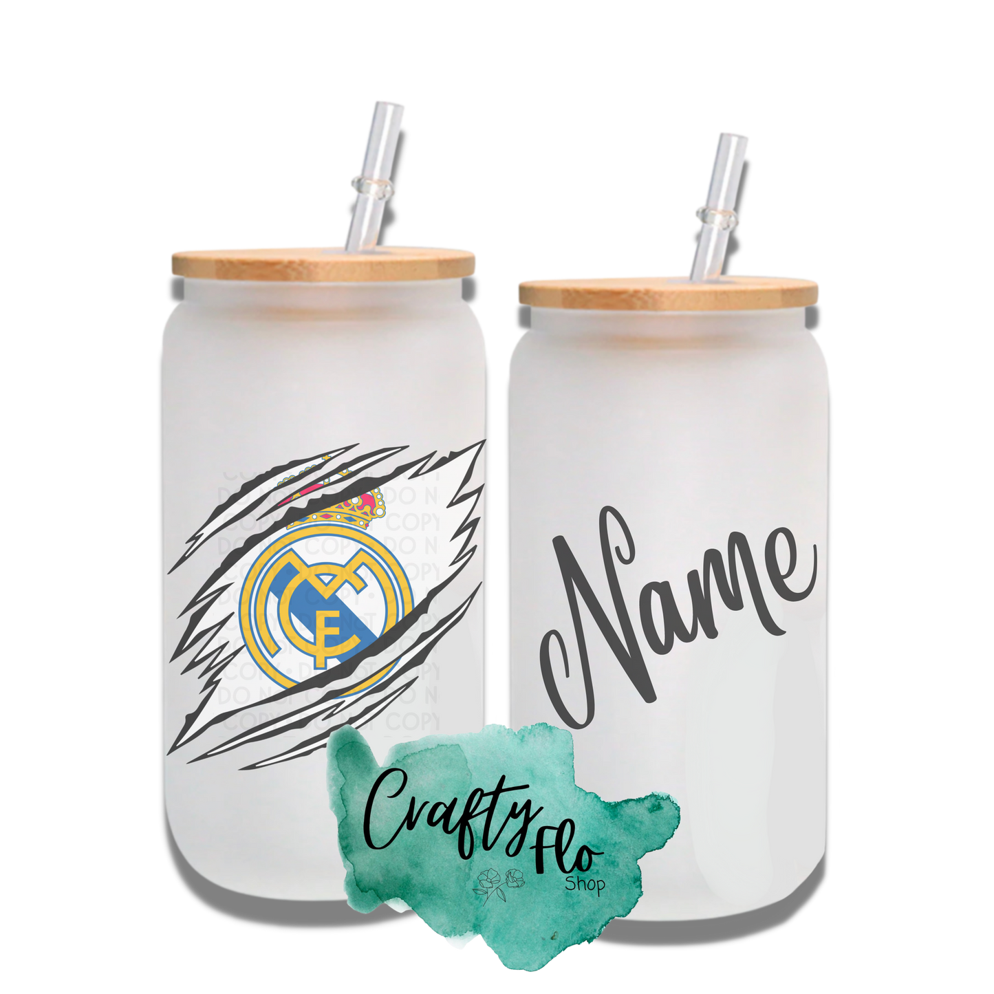 Personalizable Real Madrid Inspired Inspired Theme 16oz glass can with straw/ Add name at checkout