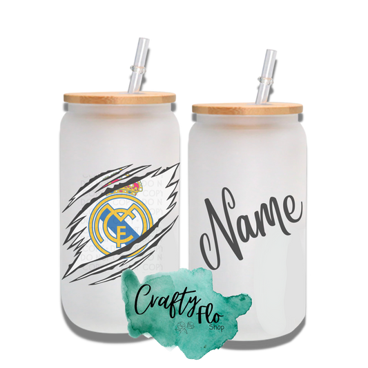 Personalizable Real Madrid Inspired Inspired Theme 16oz glass can with straw/ Add name at checkout