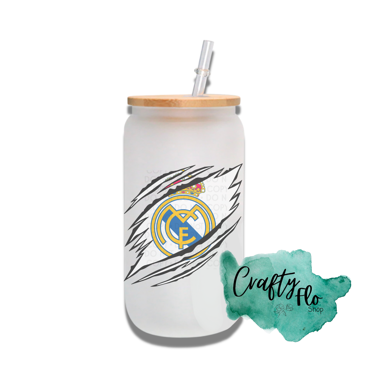 Personalizable Real Madrid Inspired Inspired Theme 16oz glass can with straw/ Add name at checkout