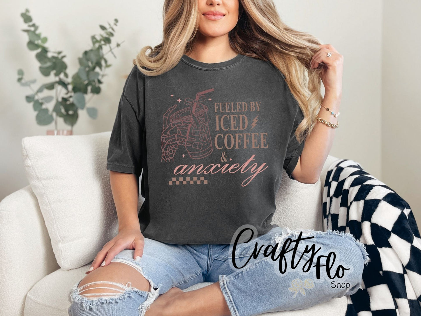 Fueled by Iced Coffee and Anxiety Shirt, Skull Sweatshirt, Skeleton Coffee, Mental Health Sweater, Gift for Mama, Coffee Lover Sweatshirt