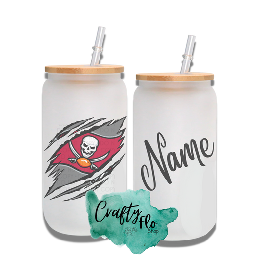 Personalizable Tampa Bay Buccaneers Inspired Theme 16oz glass can with straw/ Add name at checkout