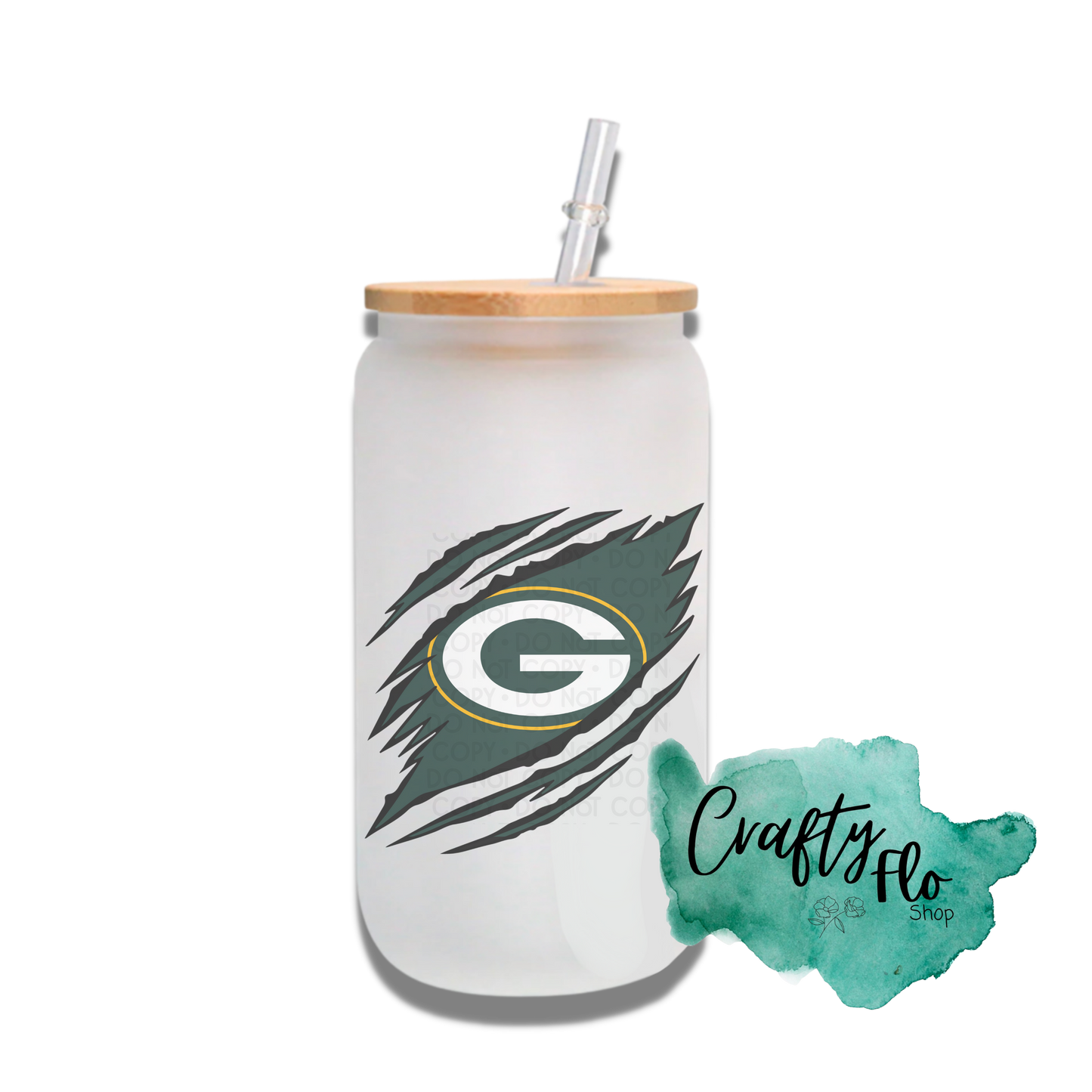 Personalizable Packers Inspired Theme 16oz glass can with straw/ Add name at checkout