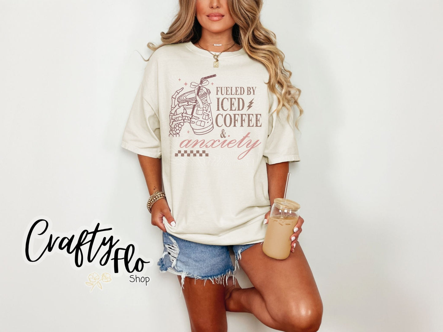 Fueled by Iced Coffee and Anxiety Shirt, Skull Sweatshirt, Skeleton Coffee, Mental Health Sweater, Gift for Mama, Coffee Lover Sweatshirt