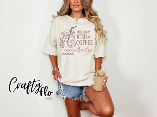 Fueled by Iced Coffee and Anxiety Shirt, Skull Sweatshirt, Skeleton Coffee, Mental Health Sweater, Gift for Mama, Coffee Lover Sweatshirt