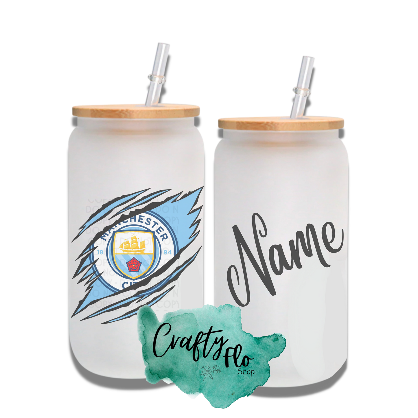 Personalizable ManCity Inspired Inspired Theme 16oz glass can with straw/ Add name at checkout