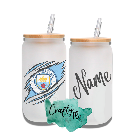 Personalizable ManCity Inspired Inspired Theme 16oz glass can with straw/ Add name at checkout
