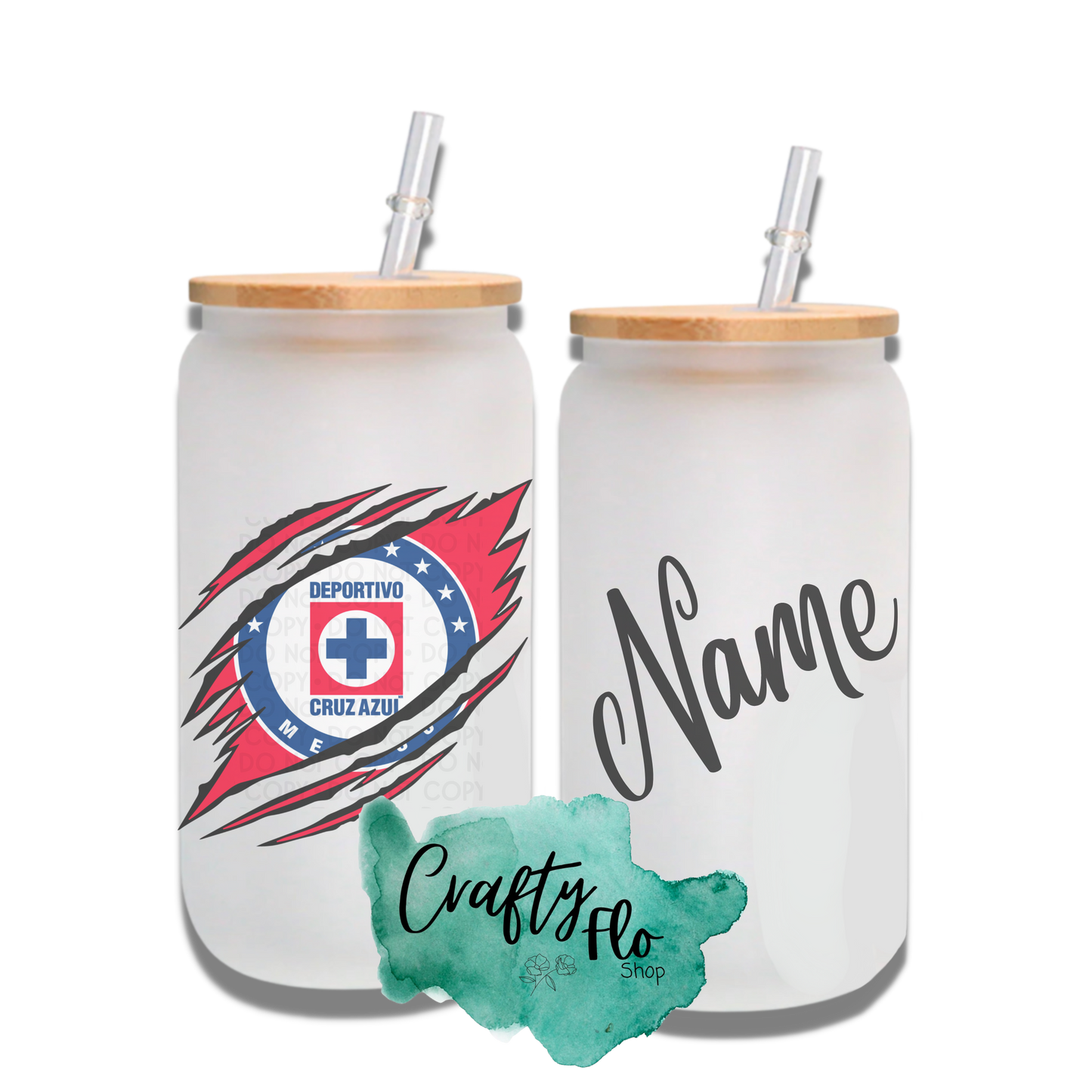 Personalizable Cruz Azul Inspired Inspired Theme 16oz glass can with straw/ Add name at checkout