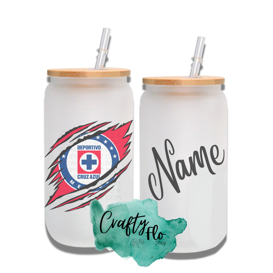 Personalizable Cruz Azul Inspired Inspired Theme 16oz glass can with straw/ Add name at checkout