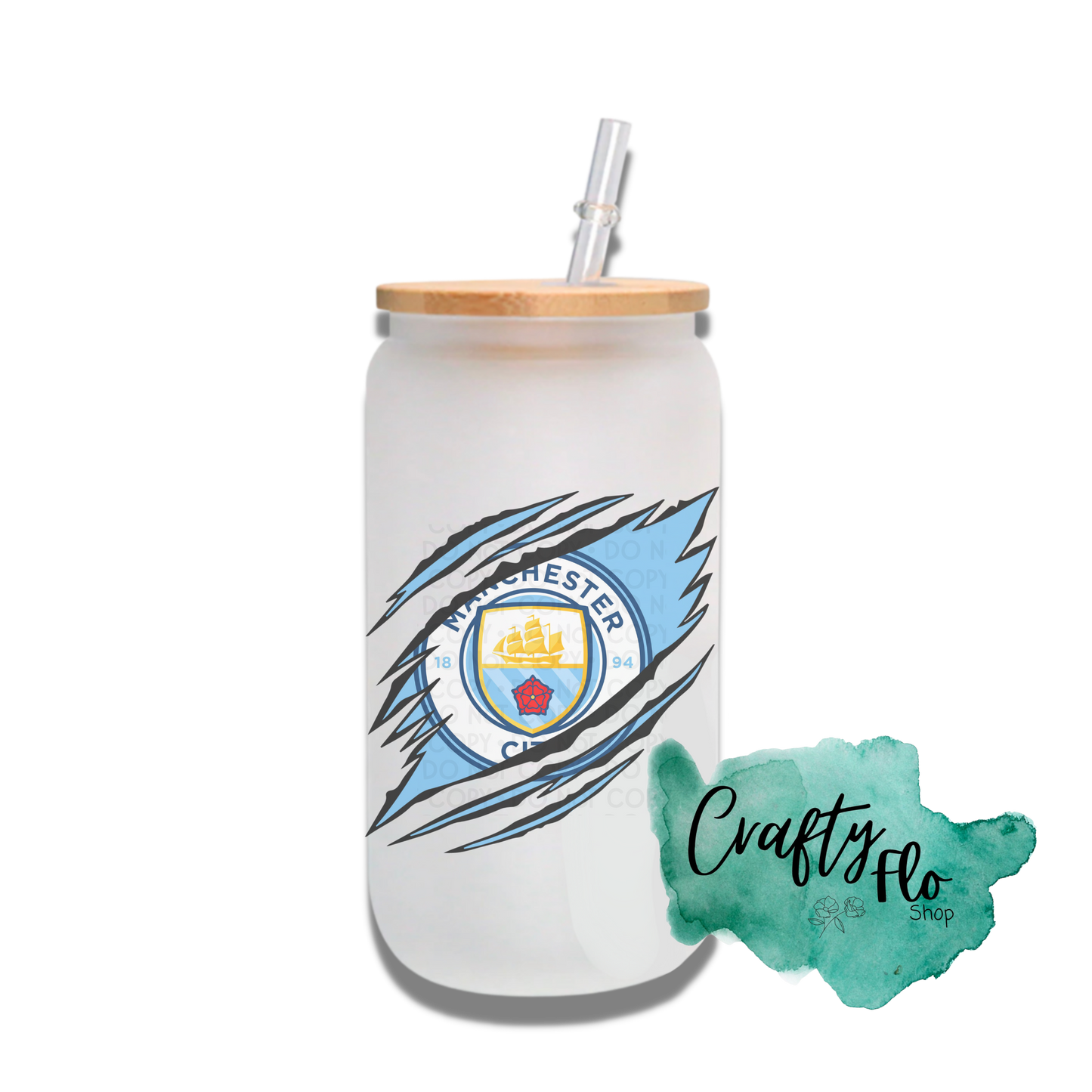 Personalizable ManCity Inspired Inspired Theme 16oz glass can with straw/ Add name at checkout