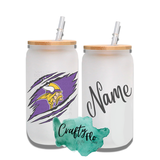 Personalizable Minnesota Vikings Inspired Theme 16oz glass can with straw/ Add name at checkout