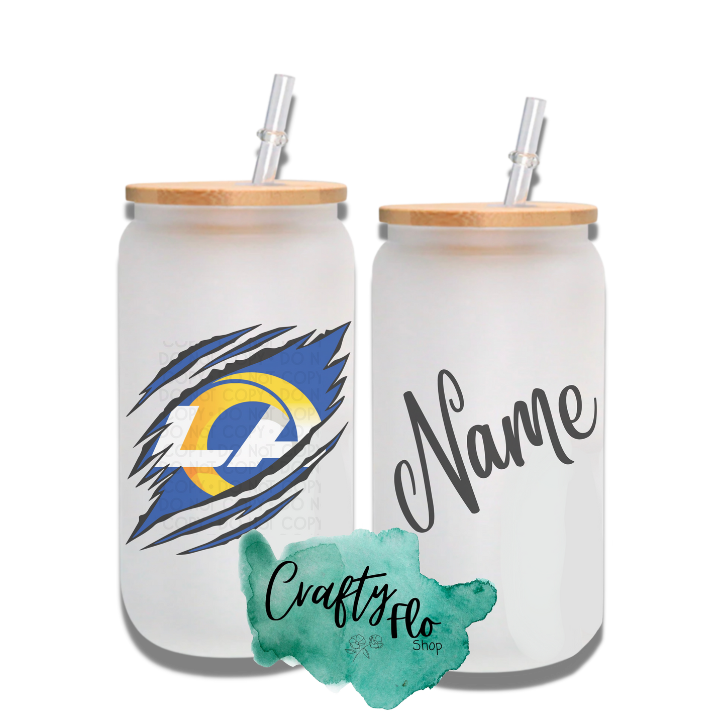 Personalizable Rams Inspired Theme 16oz glass can with straw/ Add name at checkout