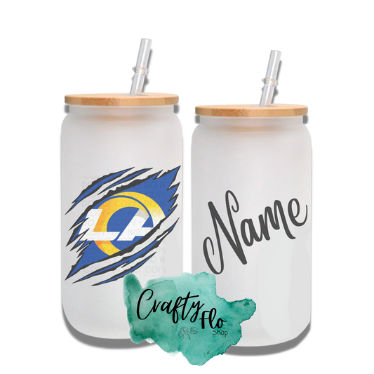 Personalizable Rams Inspired Theme 16oz glass can with straw/ Add name at checkout
