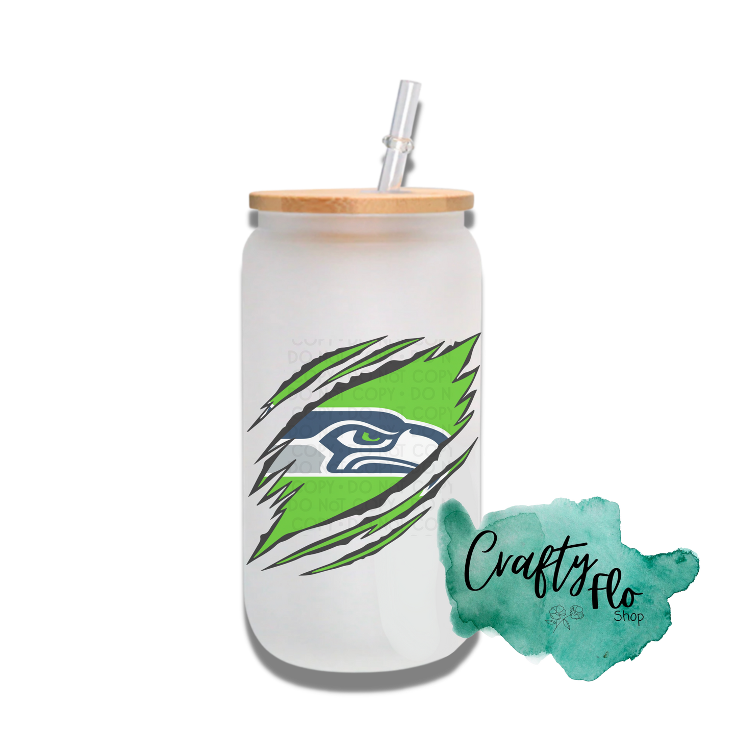 Personalizable Seahawks Inspired Theme 16oz glass can with straw/ Add name at checkout