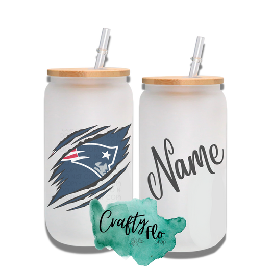 Personalizable Patriots Inspired Inspired Theme 16oz glass can with straw/ Add name at checkout