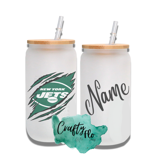 Personalizable Jets Inspired Inspired Theme 16oz glass can with straw/ Add name at checkout