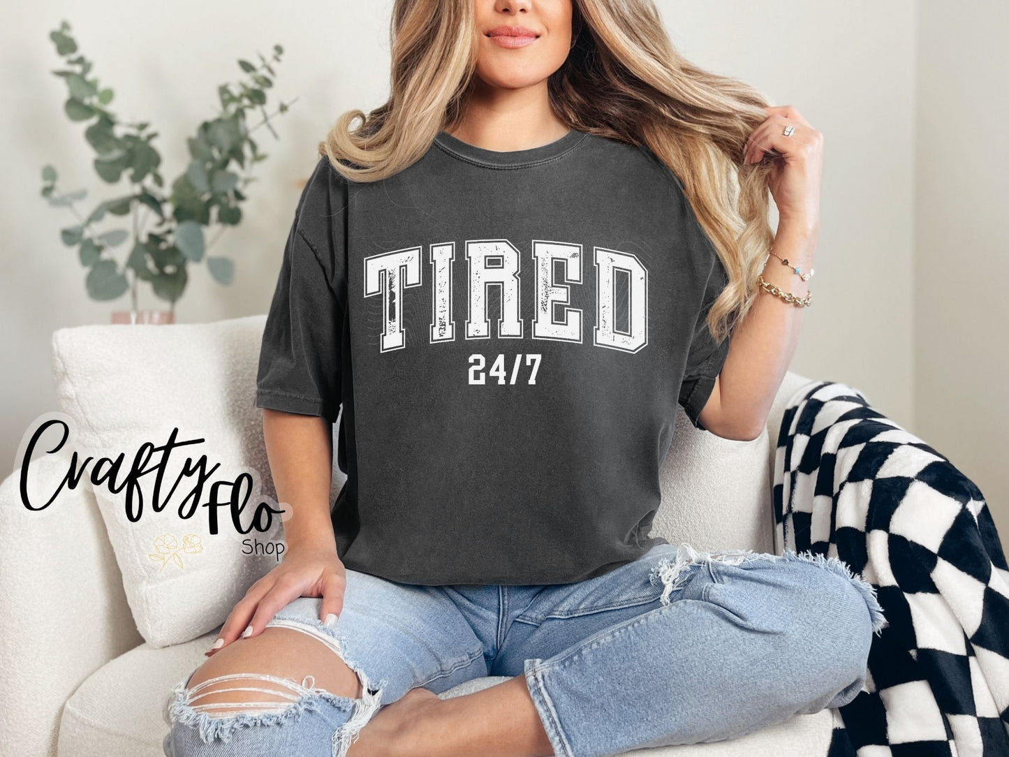 Tired 24 7 T-shirt For Women, Funny Exhausted Mom Sweatshirt, College Style Lazy Day Hoodie, Oversized Tired Long Sleeve Gift For Her