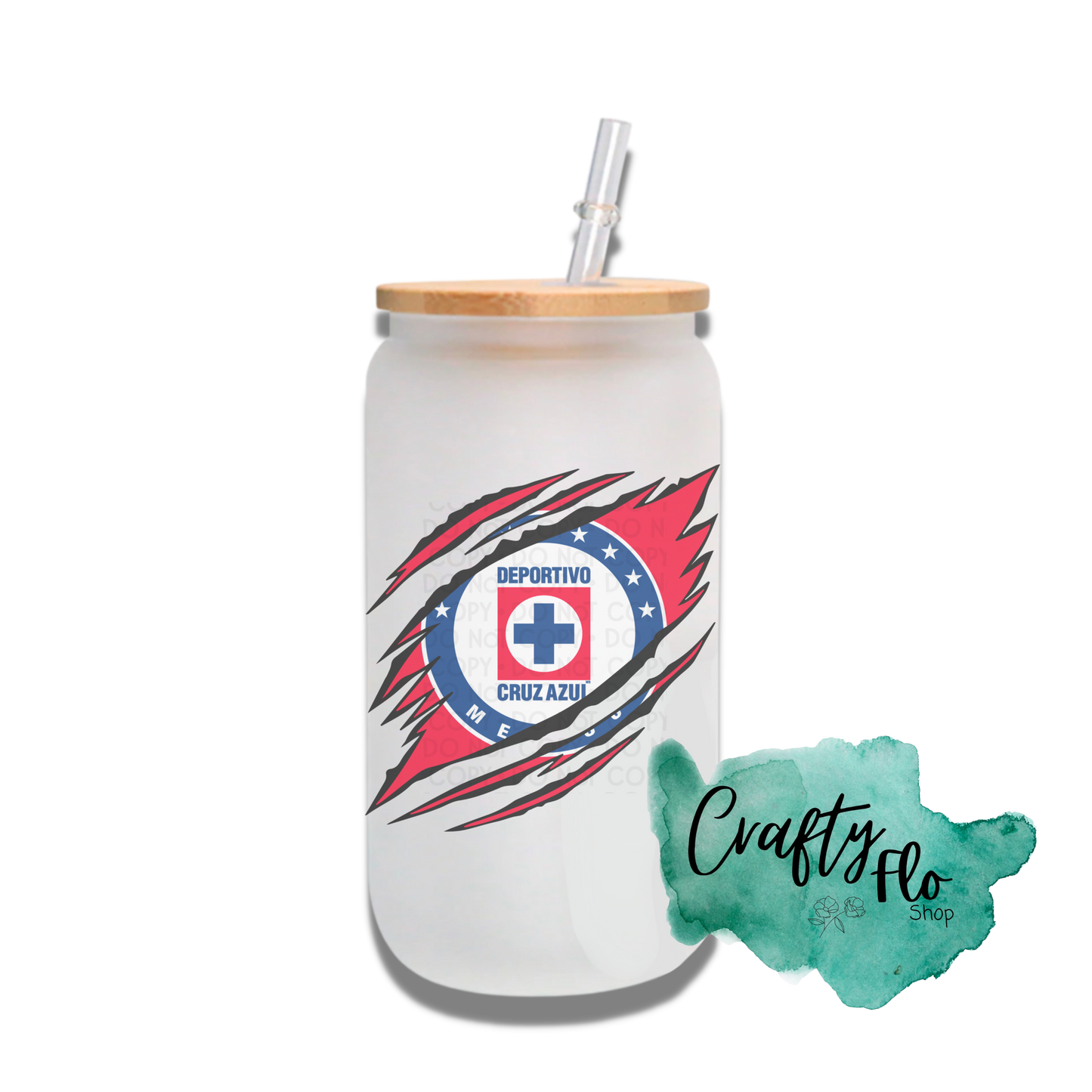 Personalizable Cruz Azul Inspired Inspired Theme 16oz glass can with straw/ Add name at checkout