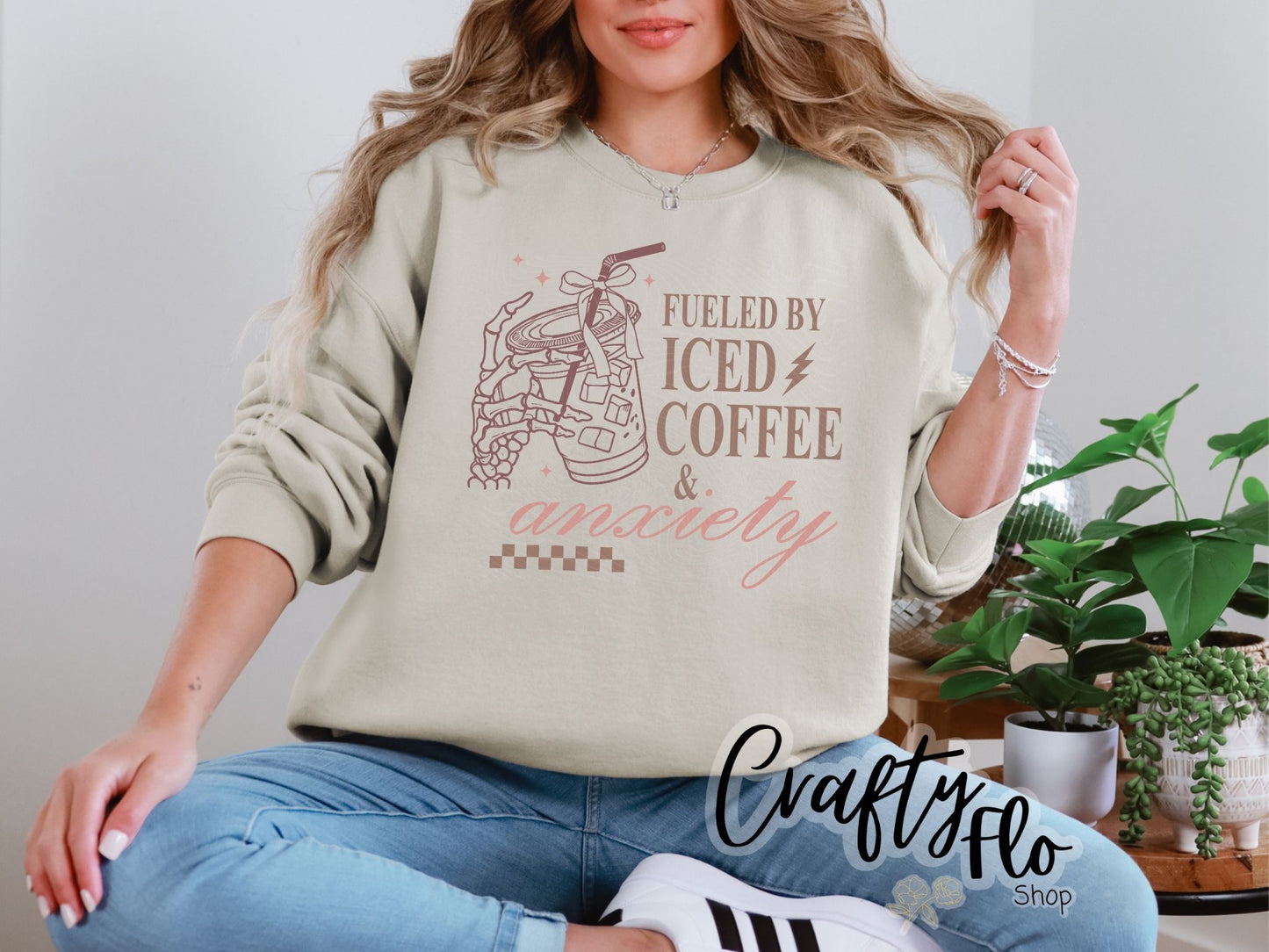 Fueled by Iced Coffee and Anxiety Shirt, Skull Sweatshirt, Skeleton Coffee, Mental Health Sweater, Gift for Mama, Coffee Lover Sweatshirt