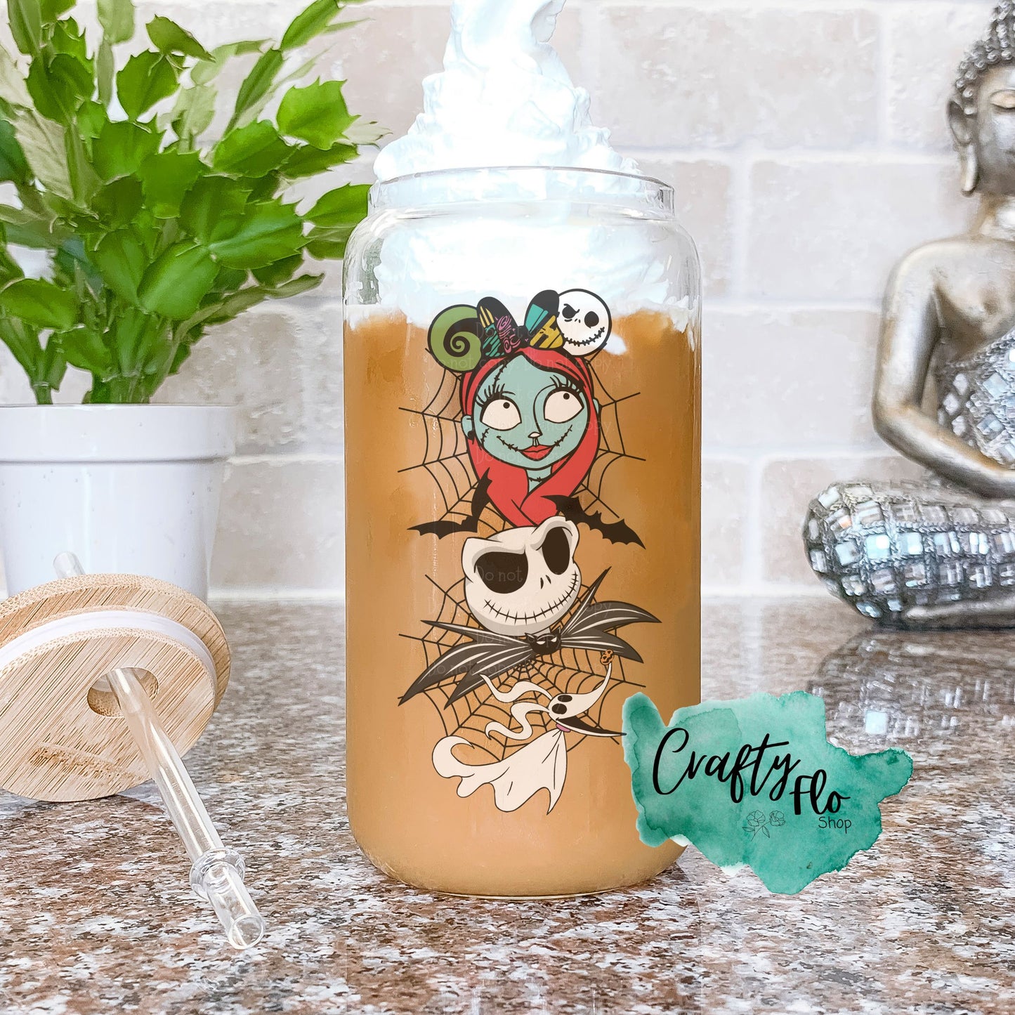 Nightmare before Christmas inspired Mama| 16oz clear or frosted glass can with bamboo lid and straw Cup Drinkware