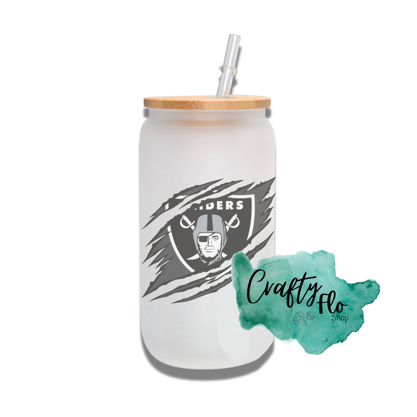 Personalizable Raiders Inspired Theme 16oz glass can with straw/ Add name at checkout
