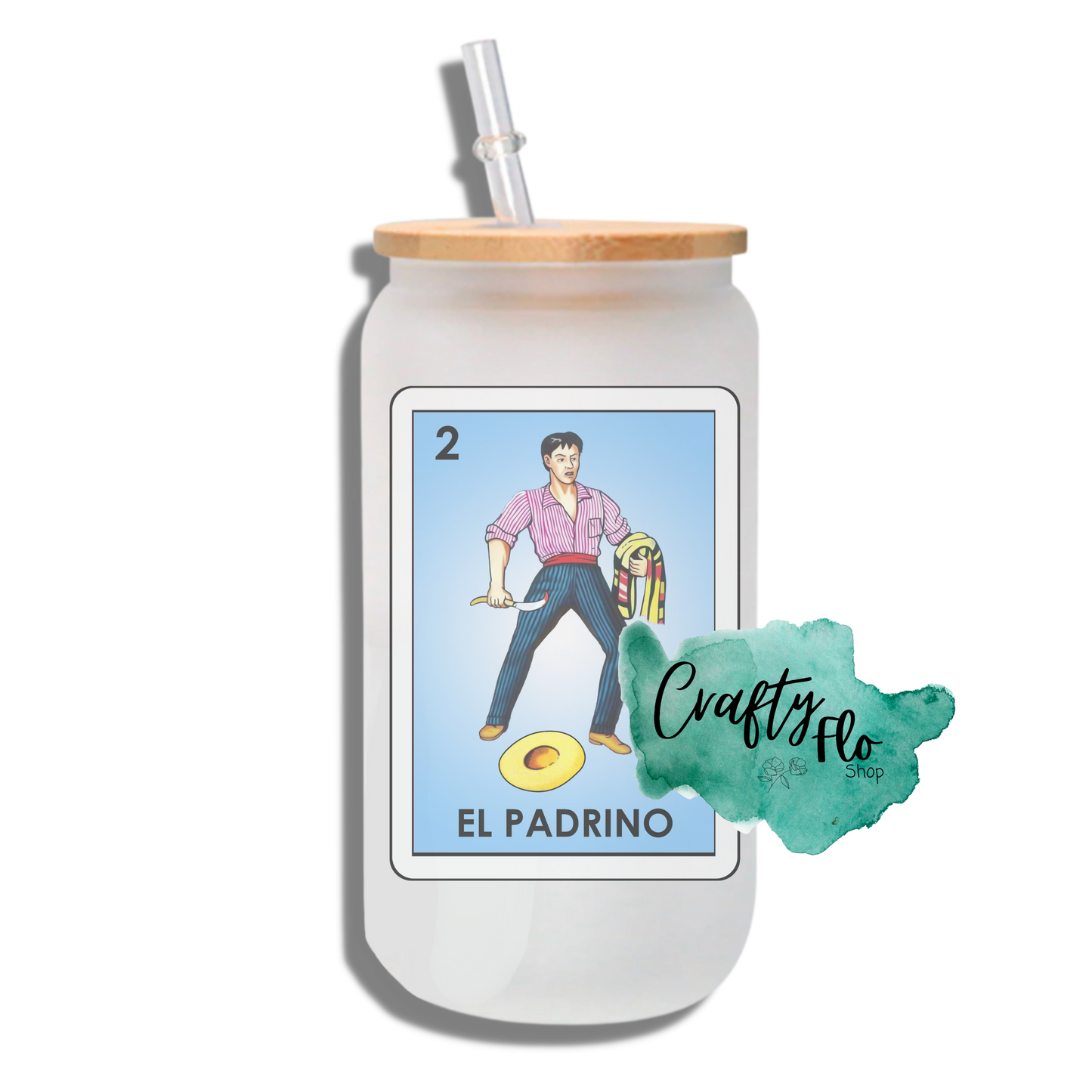 Madrina and Padrino Lotería card inspired 16oz frosted glass can with bamboo lid and straw