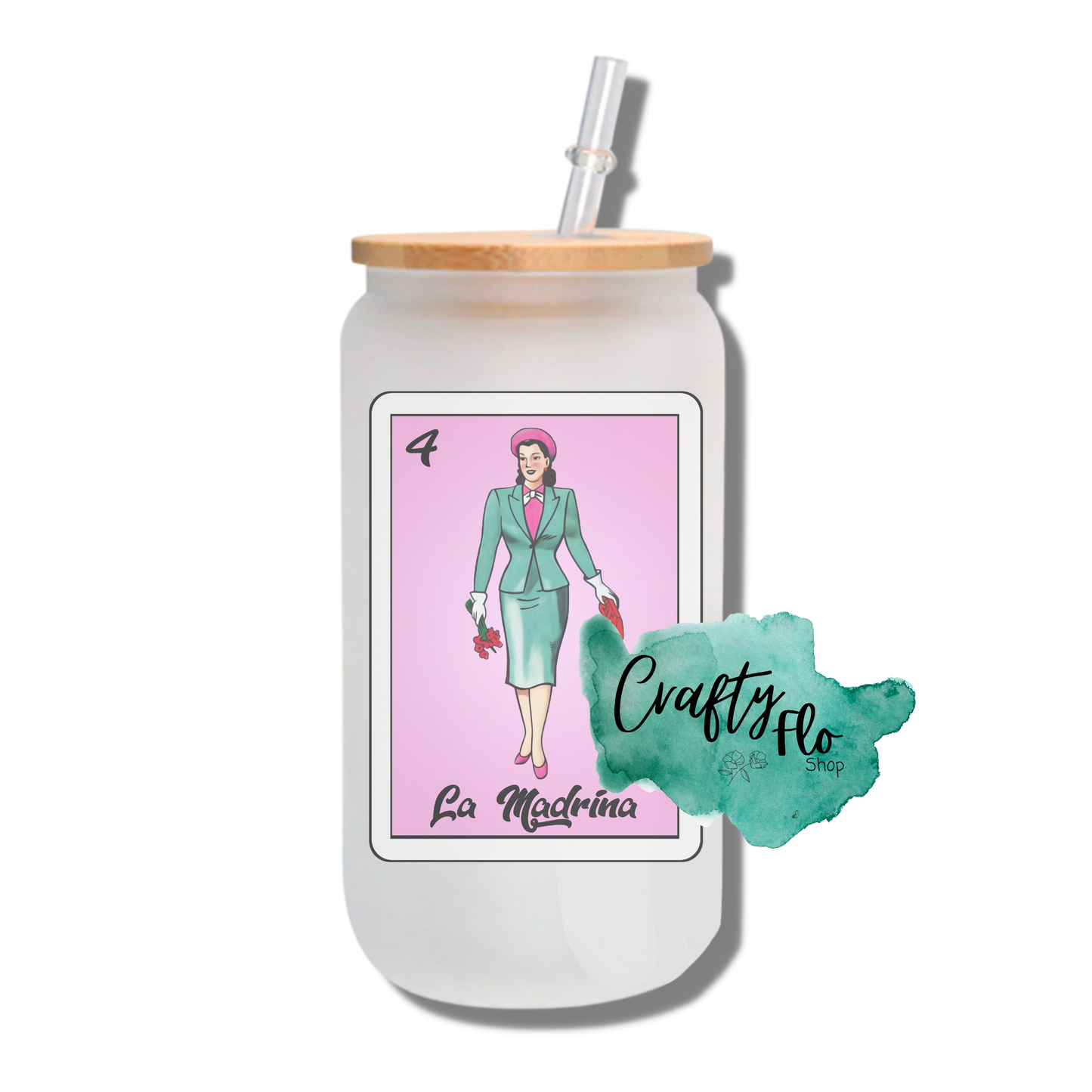 Madrina and Padrino Lotería card inspired 16oz frosted glass can with bamboo lid and straw