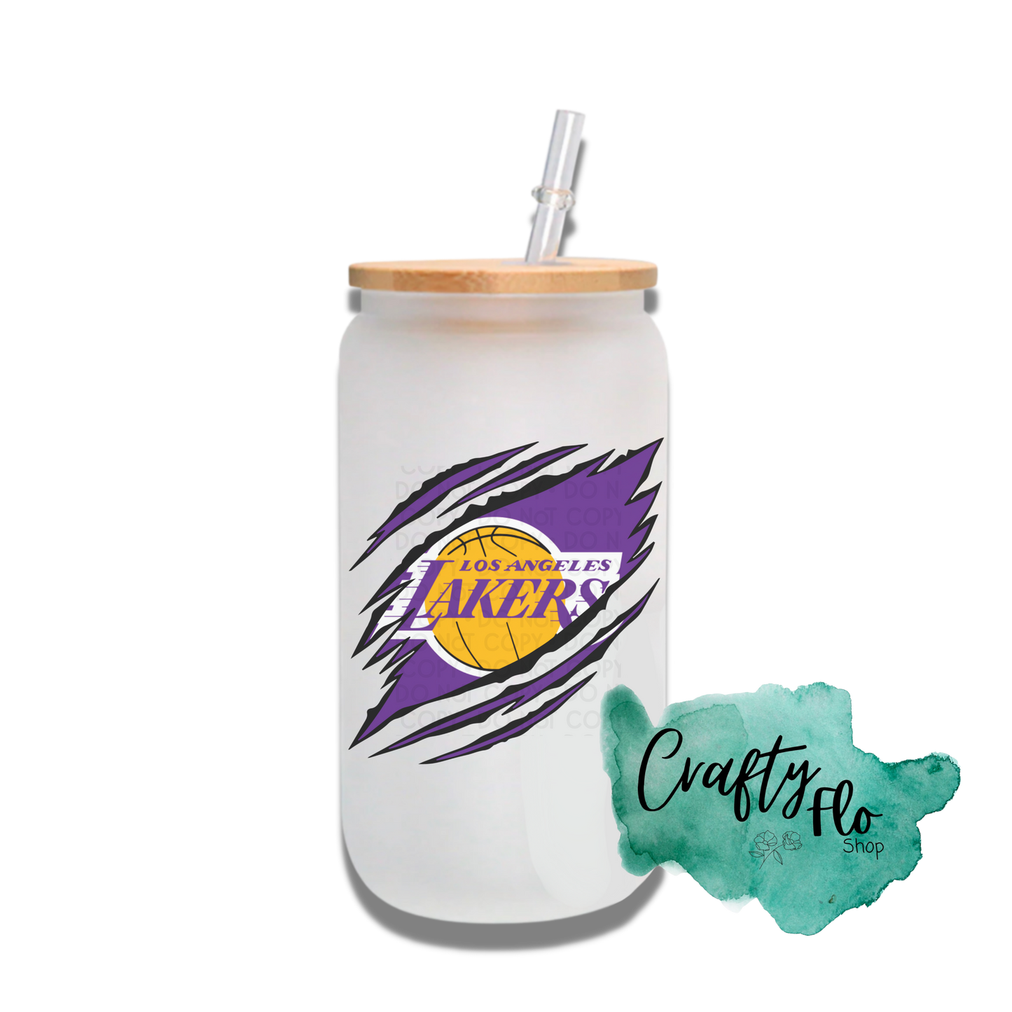 Personalizable Lakers Inspired Inspired Theme 16oz glass can with straw/ Add name at checkout