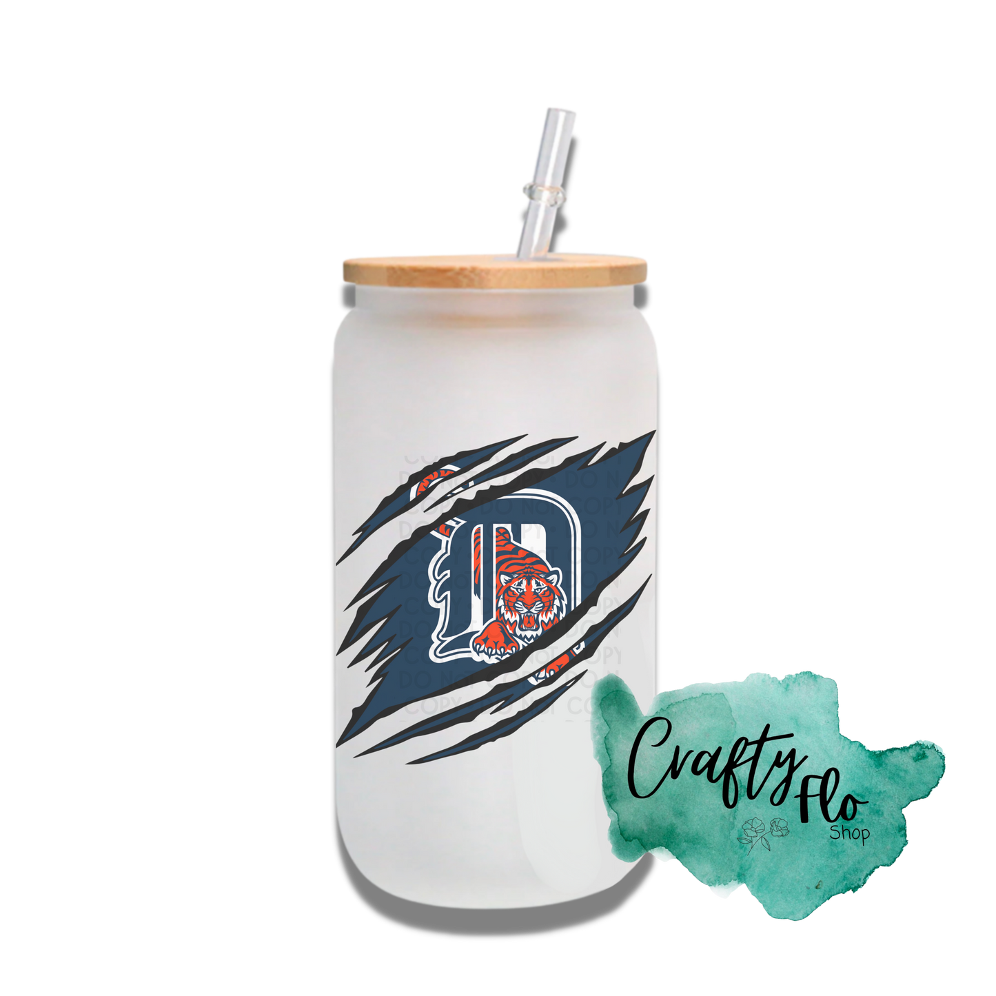 Personalizable Detroit tigers Inspired Theme 16oz glass can with straw/ Add name at checkout