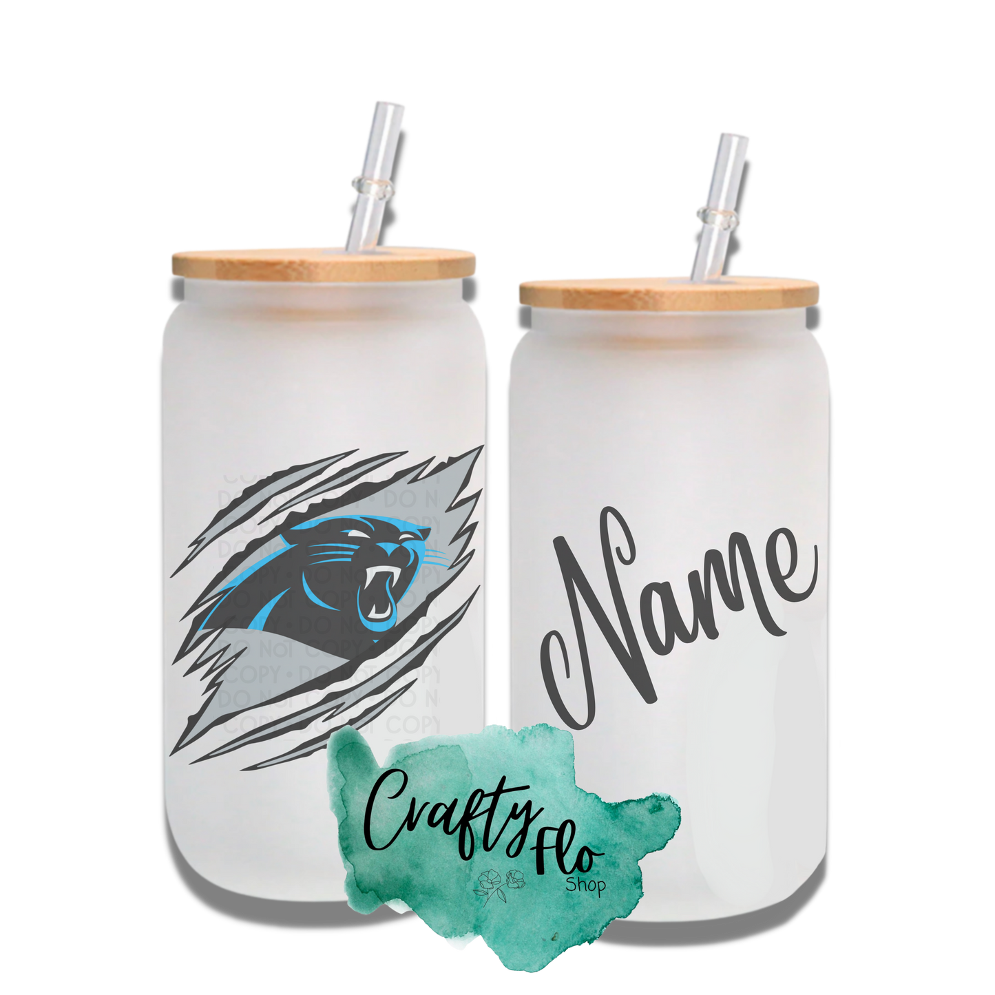 Personalizable Panthers Inspired Theme 16oz glass can with straw/ Add name at checkout