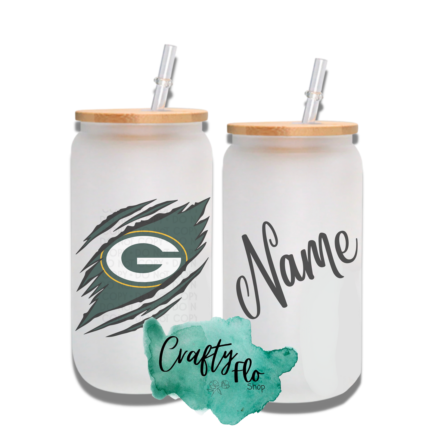 Personalizable Packers Inspired Theme 16oz glass can with straw/ Add name at checkout