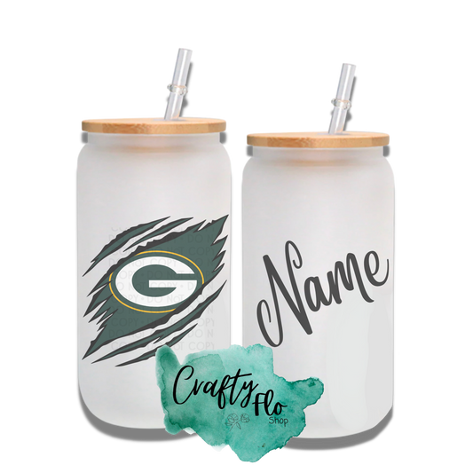 Personalizable Packers Inspired Theme 16oz glass can with straw/ Add name at checkout
