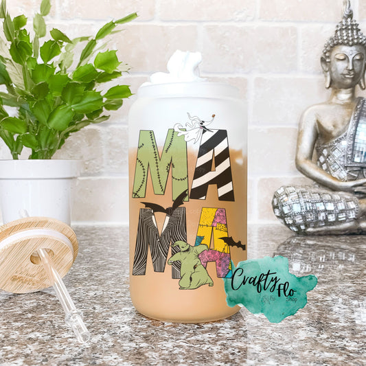 Nightmare before Christmas inspired Mama| 16oz clear or frosted glass can with bamboo lid and straw Cup Drinkware
