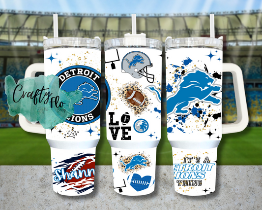 Personalizable Detroit football Lions INSPIRED 40 oz quencher tumbler with lid and straw/ Add name at checkout
