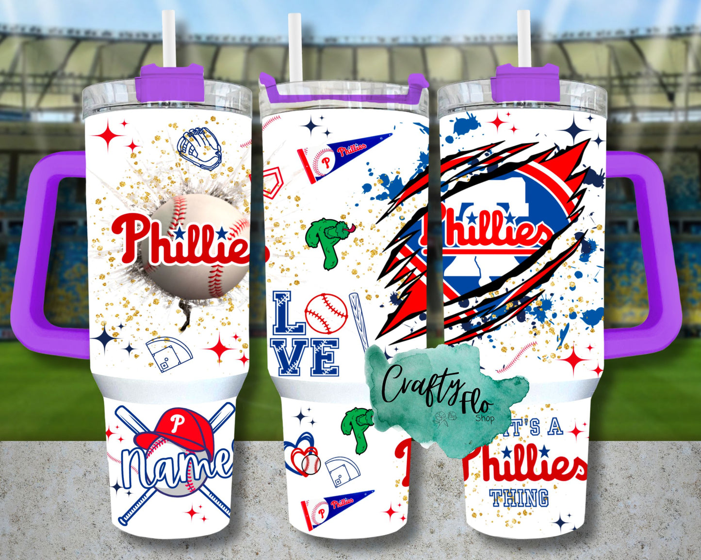 Personalizable Philly baseball INSPIRED 40 oz quencher tumbler with lid and plastic straw