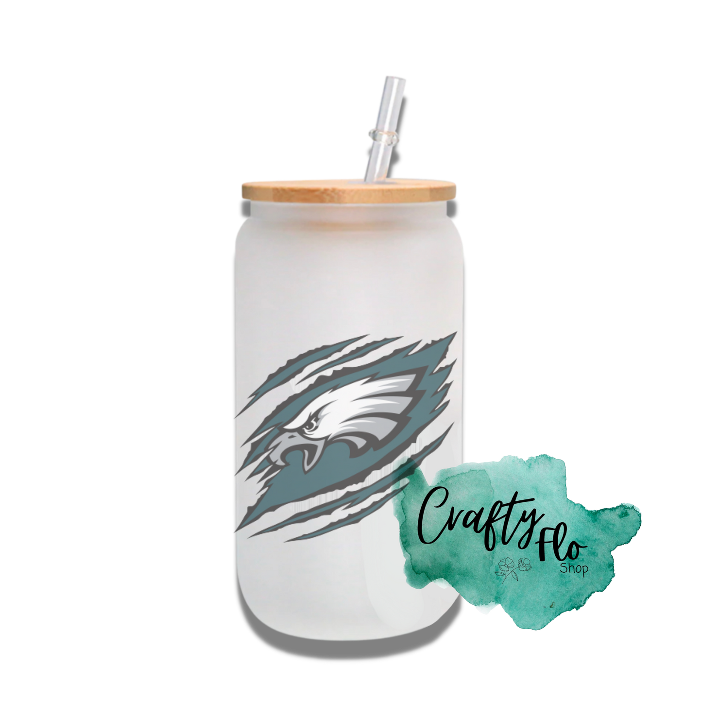 Personalizable Philadelphia Eagles Inspired Theme 16oz glass can with straw/ Add name at checkout