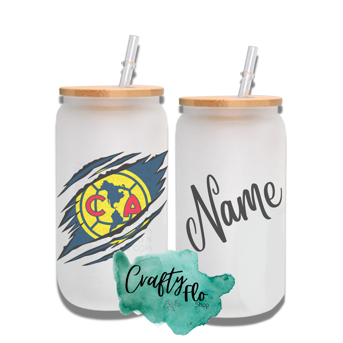 Personalizable Club America Inspired Inspired Theme 16oz glass can with straw/ Add name at checkout