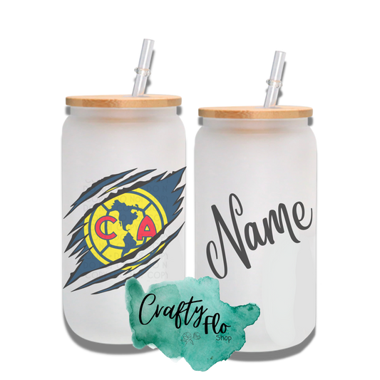 Personalizable Club America Inspired Inspired Theme 16oz glass can with straw/ Add name at checkout